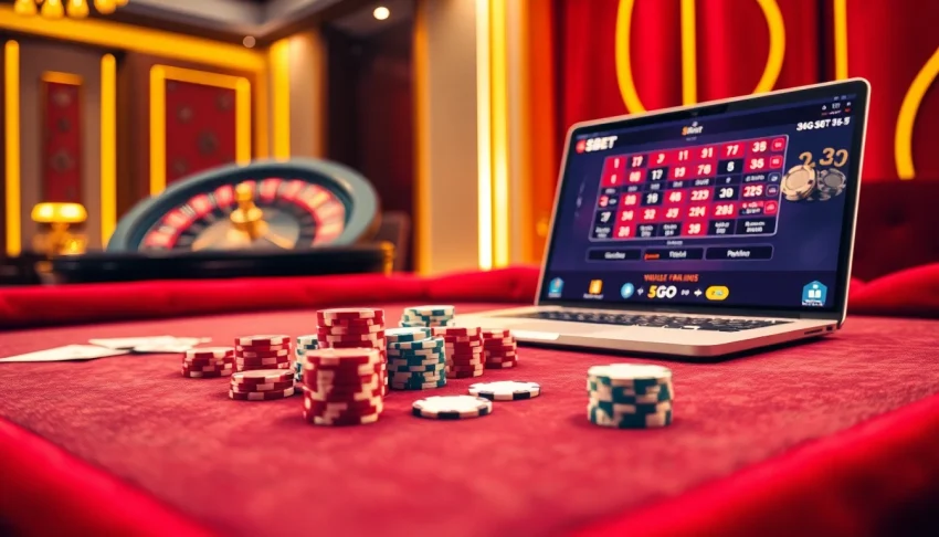 Engage in thrilling gameplay at 5GBET casino with vibrant poker chips and high-stakes tables.