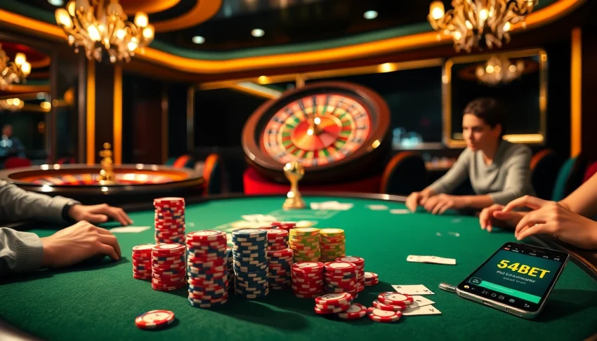 Players enjoying a thrilling poker game at 54BET casino with vibrant chips and cards.