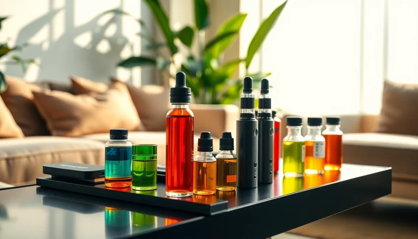 Explore Vape & E-Liquids setup showcasing colorful juices and devices in a cozy lounge.
