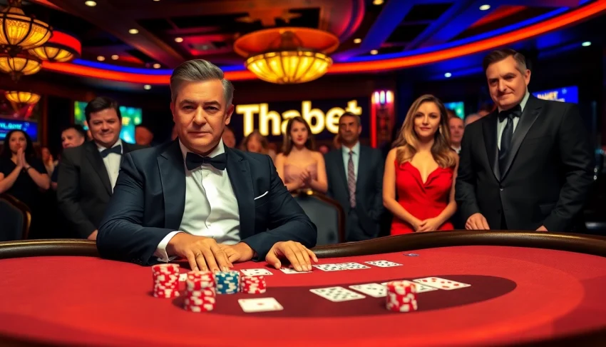 Gambling professional at a Thabet poker table, showcasing a thrilling gaming experience.
