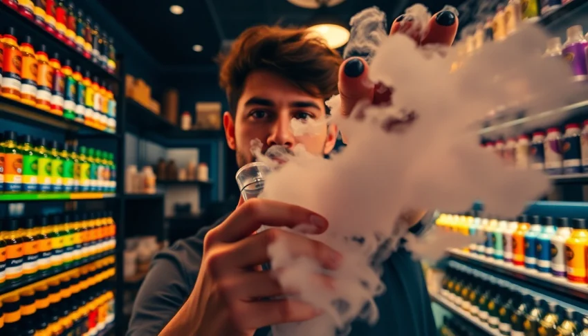 Showcasing various Vape & E-Liquids in a vibrant vape shop atmosphere, featuring colorful bottles and vapor clouds.