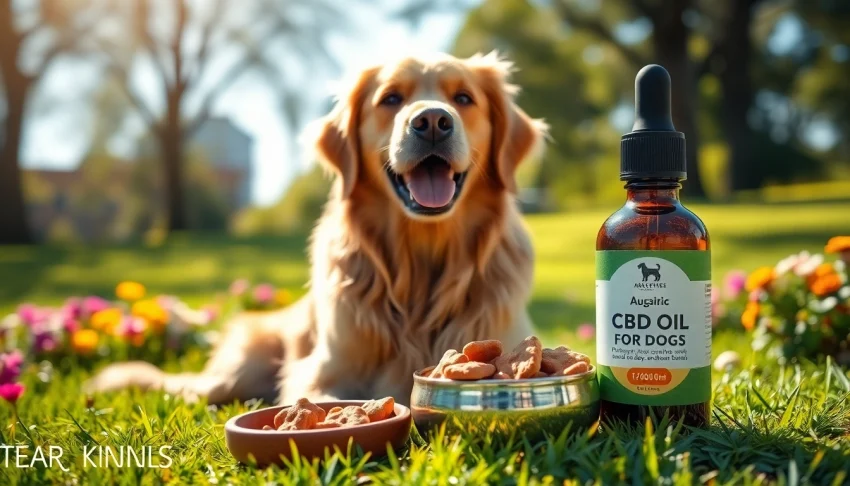 Showcasing CBD Oil For Dog bottle beside a happy golden retriever in a sunny park.