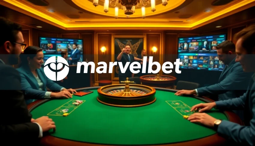 Marvelbet casino scene with players enjoying poker and roulette under glamorous lighting.