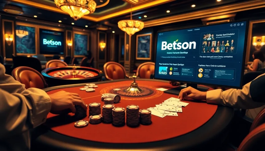 Betsson engaging poker players in a luxurious casino scene with poker chips and cards.