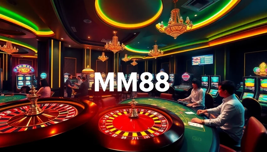 Experience the excitement of MM88 with players at a roulette table in a luxurious casino setting.