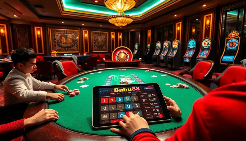 Babu88 poker table scene showcasing high-stakes gambling excitement.