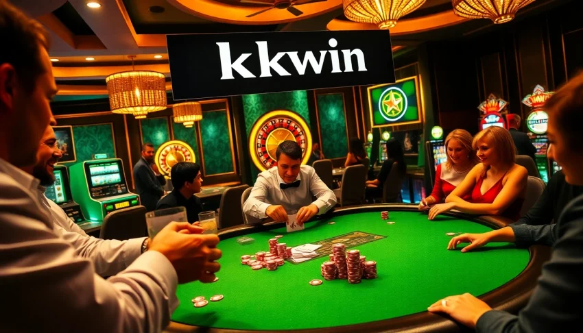 Players enjoying a thrilling poker game at KKwin casino with vibrant chips and cards.