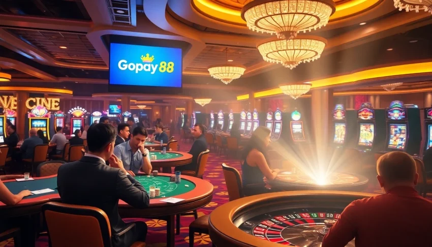 Engaging gamblers at Gopay88 with vibrant casino visuals featuring poker tables and slot machines.