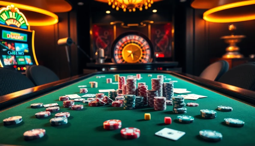 Play exciting games at raja toto88's luxurious casino featuring poker chips, cards, and roulette wheels.