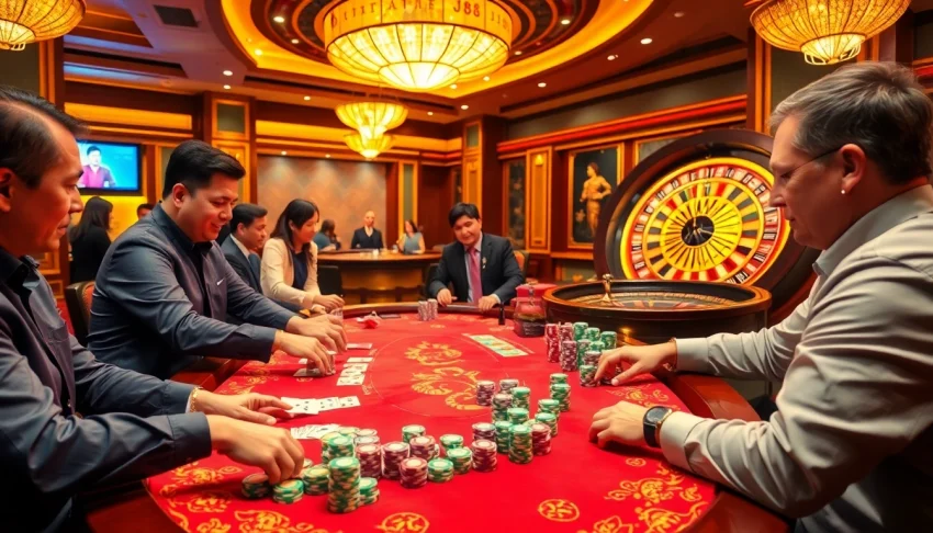 Players enjoy an exciting game at the J88 poker table in a luxurious casino setting.