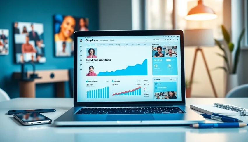 Eye-level view of a modern digital workspace showcasing top onlyfans discovery tools, including a laptop and diverse creator visuals.