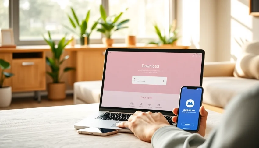 快连下载 on a laptop and smartphone in a modern office setting for seamless global connectivity.