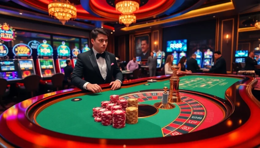 RR88 players engaging in an exciting casino roulette game, showcasing vibrant slot machines and professional atmosphere.