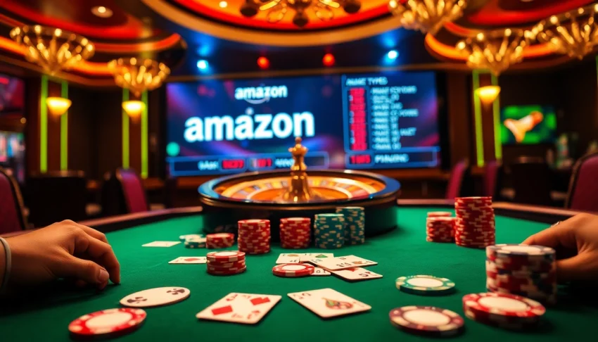 Experience types of amazon sellers at a lively poker table with vibrant chips and cards.