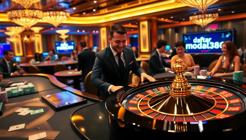 Experience Daftar Modal138 at a vibrant casino with roulette tables and excited players enjoying the thrill of gambling.