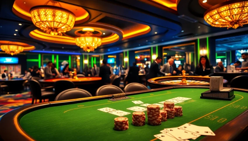 Players enjoying a thrilling game at the topclub casino, featuring vibrant poker tables and roulette.