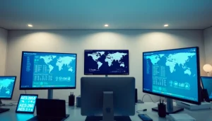 快连官网 interface displayed on multiple monitors in a modern workspace, showcasing global server connectivity and security features.