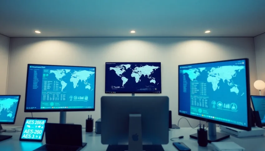 快连官网 interface displayed on multiple monitors in a modern workspace, showcasing global server connectivity and security features.