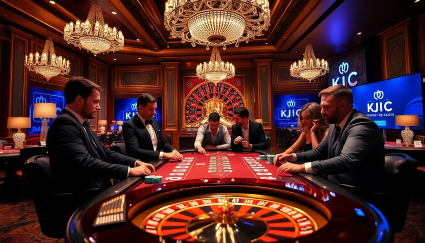 KJC casino table action with players engaged in high-stakes poker, showcasing luxurious gaming ambiance.