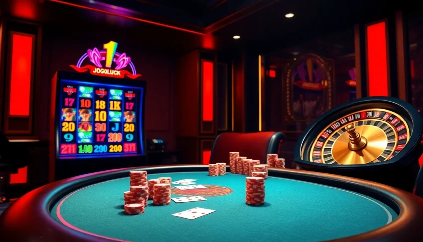 Experience the thrill of gambling with Jogoluck at a luxurious poker table featuring vibrant chips and exciting slot machines.