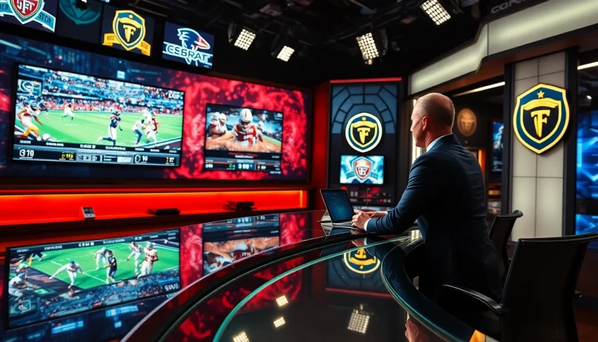 Sports Broadcasting live coverage by a professional anchor in a vibrant studio setting.