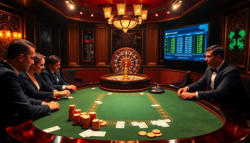 Poker table with live betting odds for kèo nhà cái 5, showcasing luxury and excitement in a casino atmosphere.