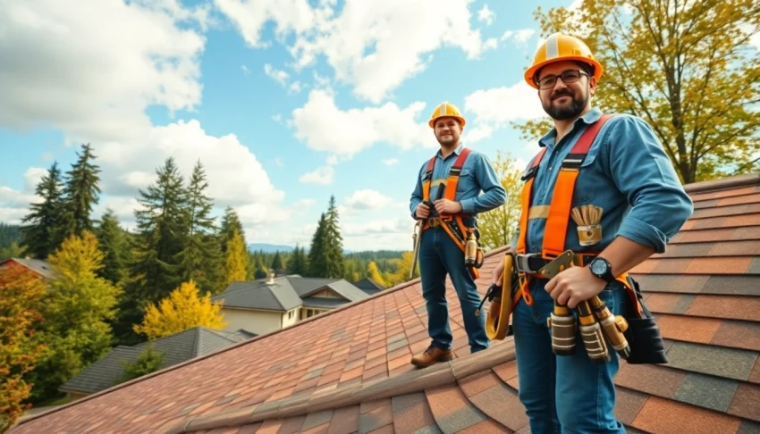 Roofing company in Kirkland, WA showcasing a professional contractor on a new roof installation with a scenic backdrop.