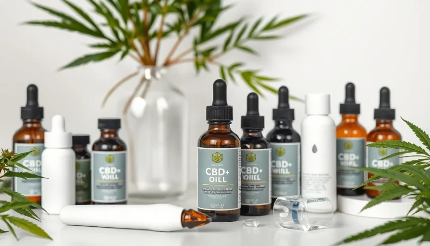 CBD油与天然养生元素环绕的面部美白仪器手册，展示安全与品质。