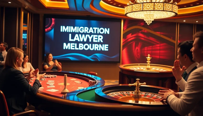 Players celebrating wins at a casino, highlighting the expertise of an immigration lawyer Melbourne in a luxurious setting.
