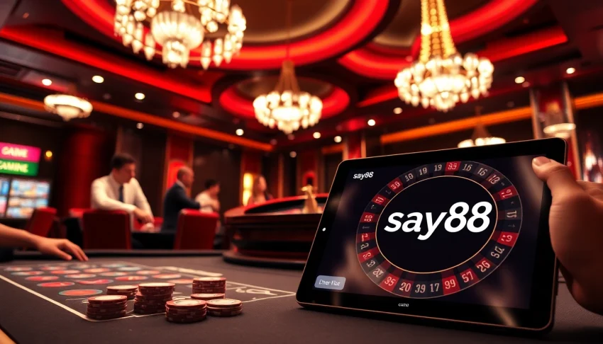 Players engaging in high-stakes poker at a vibrant casino featuring say88 branding and advanced gaming technology.