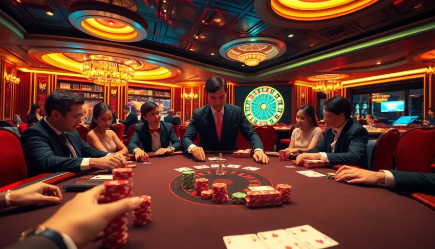 Experience the thrill of poker at a luxurious casino with vn168-themed gameplay.