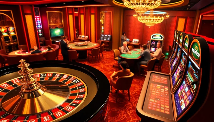 Players engaging at a luxurious casino featuring NOHU90 branded tables and vibrant slot machines.