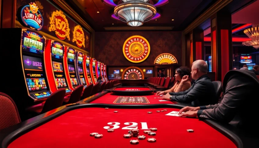 Exciting poker game at b52club with colorful chips and vibrant slot machines.