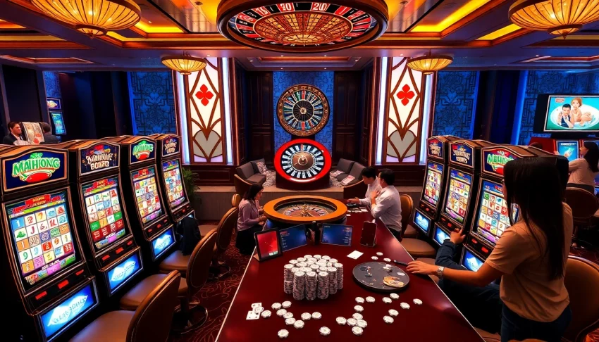 Engage in a Mahjong slot demo with colorful reels and vibrant casino atmosphere.