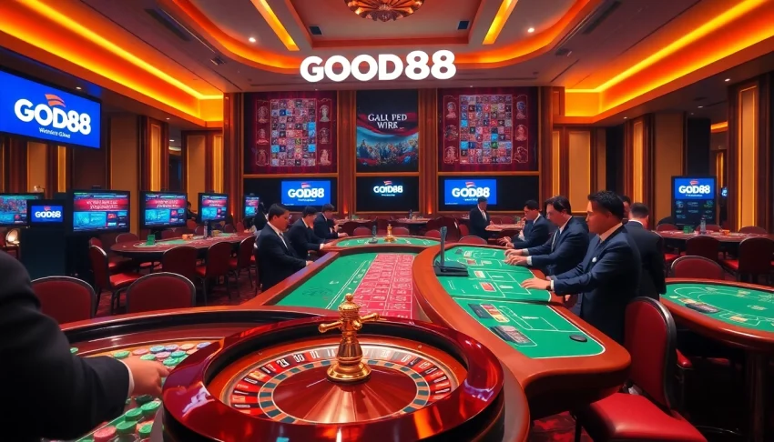 Experience the thrill of GOOD88 in a luxurious casino setting, with vibrant gaming tables and enthusiastic players.