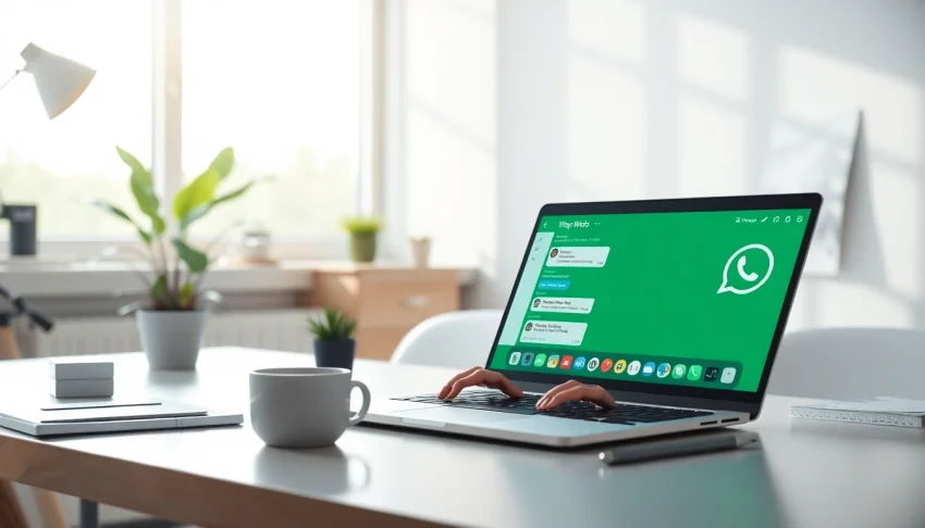 用户在明亮、现代化的工作空间中通过 WhatsApp Web 访问 快连官网，展示生产力功能。