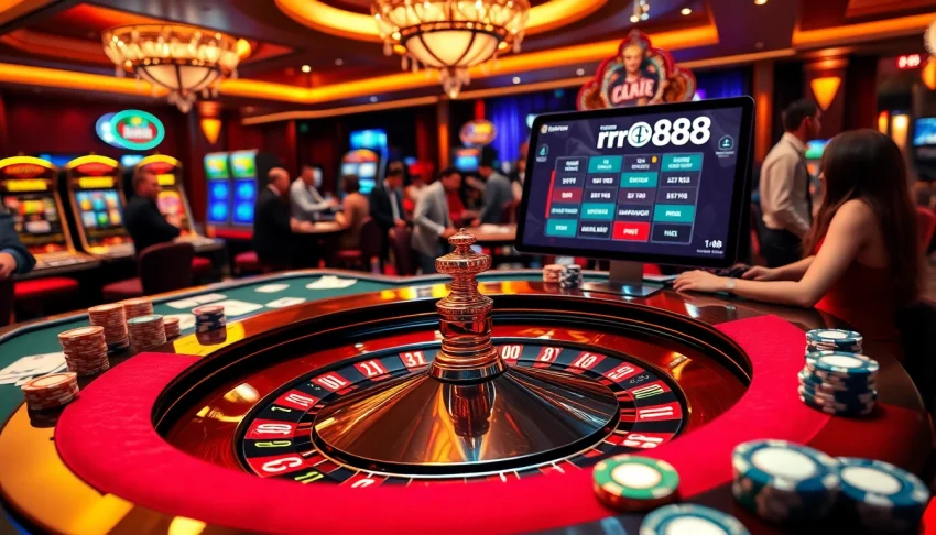 Experience the excitement of rr88 casino with players engaged at a roulette table, surrounded by vibrant gaming elements.