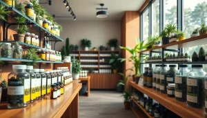 Explore various dispensary products displayed in a modern, well-lit dispensary environment.