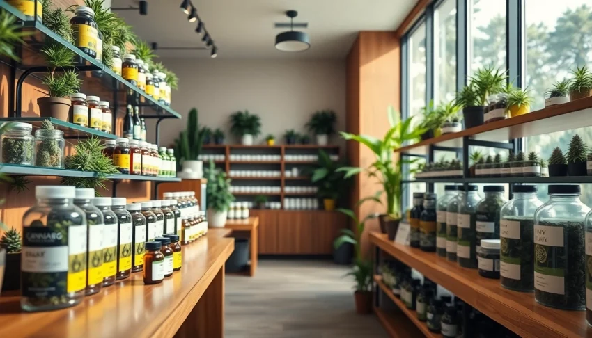 Explore various dispensary products displayed in a modern, well-lit dispensary environment.