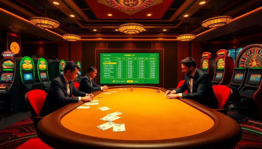 XSMB 247 players enjoy a thrilling poker game in a luxurious casino setting.