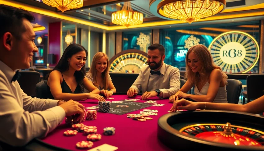 Players enjoying a thrilling poker game at RR 88 casino, surrounded by vibrant chips and cards.