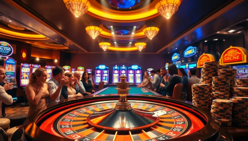 KJC players enjoying a thrilling casino experience at a vibrant roulette table with colorful slot machines.
