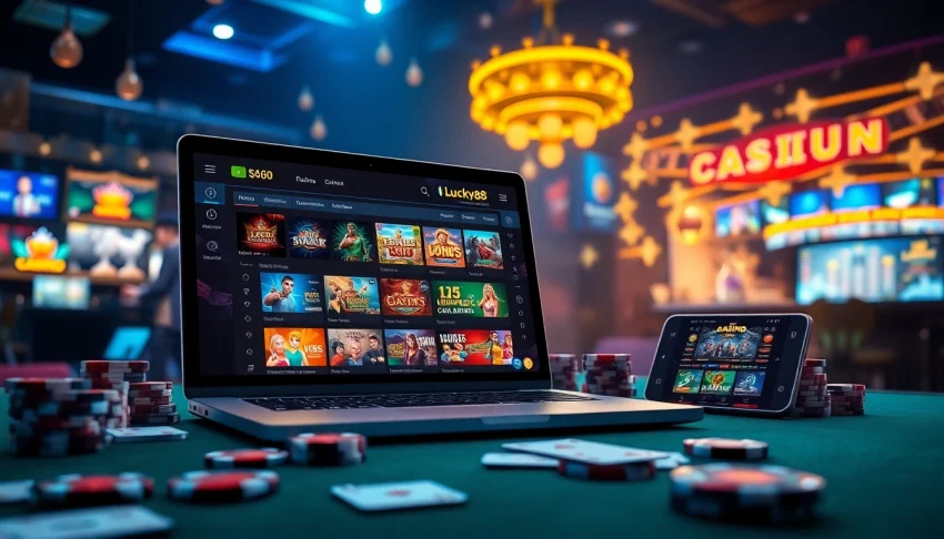 Exciting online gaming scene featuring Lucky88 casino interface with vibrant digital graphics and modern devices.