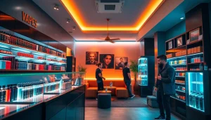 Explore the vibrant atmosphere of a vape shop featuring modern designs and rich product displays.