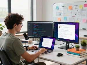 Developer interacting with spicychat AI chatbot in a modern tech workspace, showcasing productivity and innovation.