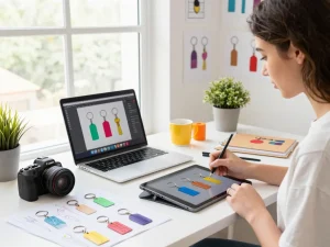 Designing customized keychains with colorful materials and digital tools in a bright creative workspace.