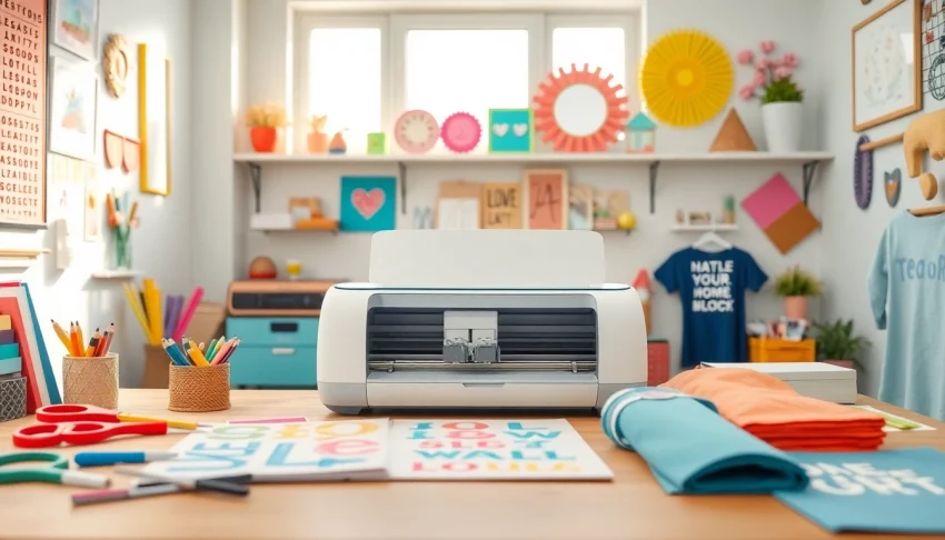 Cricut SVG crafting workspace with colorful materials and a Cricut machine.