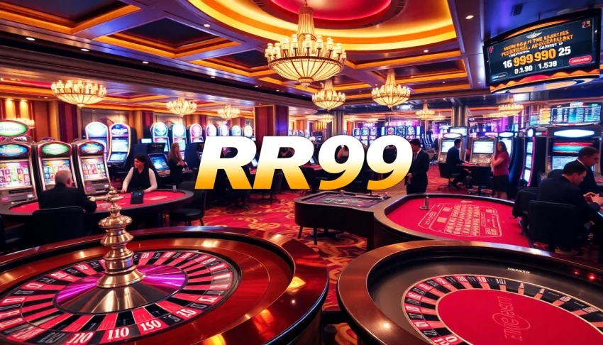 Scene of gamblers enjoying high-stakes games at RR99 casino with vibrant tables and slot machines
