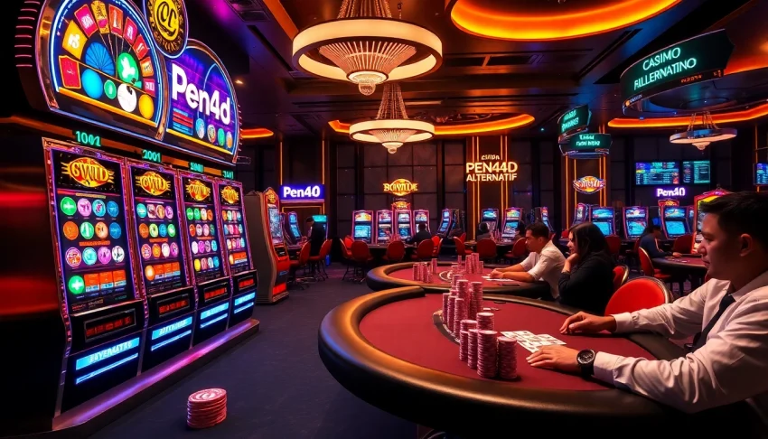 Experience the thrill of pen4d alternatif with vibrant casino scenes featuring slot machines and poker tables.