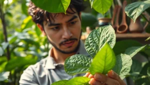 Kratom leaves showcased by herbalist in a serene garden, emphasizing natural wellness.